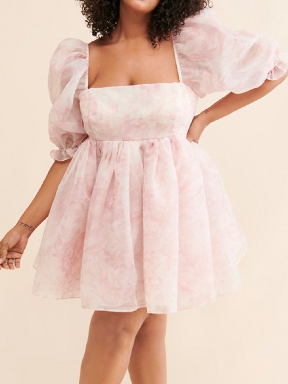 Selkie X Nuuly Puff Organza Mini Dress in Pink and Ivory Medium
